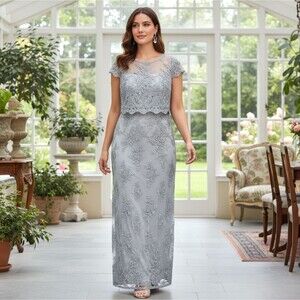 Adrianna Papell Embroidered Lace Sheath Gown Size 10 Popover Cap Sleeve Formal